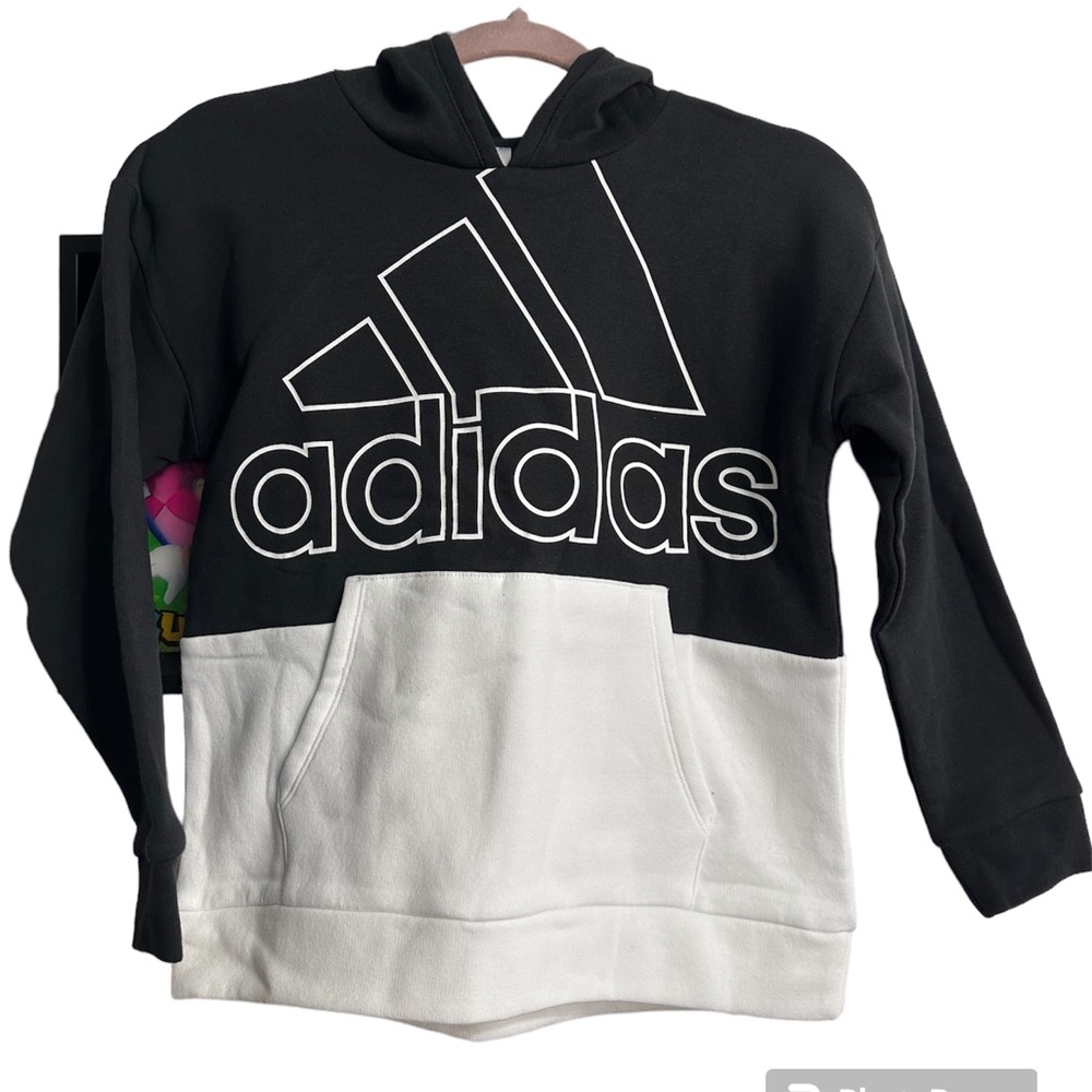 Adidas Girls Sweatshirt Hoodie Black & White M (10/12) Kangaroo Pocket NWT